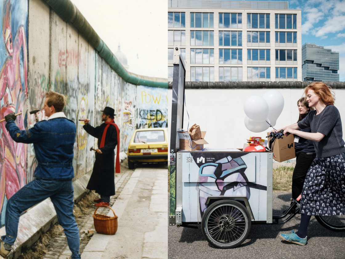 Collage aus einem historischen Foto von sogenannten Mauerspechten und einem Foto, wo zwei Guides mit dem Info-Fahrrad zu sehen sind